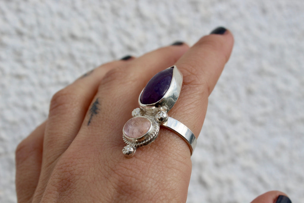 Anillo Zahara - Amatista cuarzo rosa - Regulable
